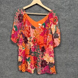 Loft Sz XL Blouse Orange Pink Coral Floral Tropical Vacation Summer Lightweight